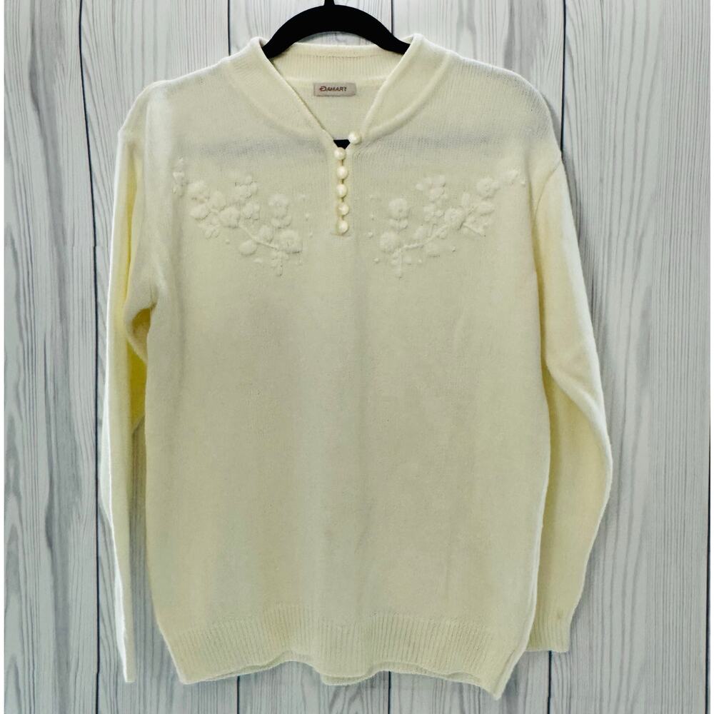 Vintage Cream Damart Embroidered Sweater Delicate Button Size Large (READ)